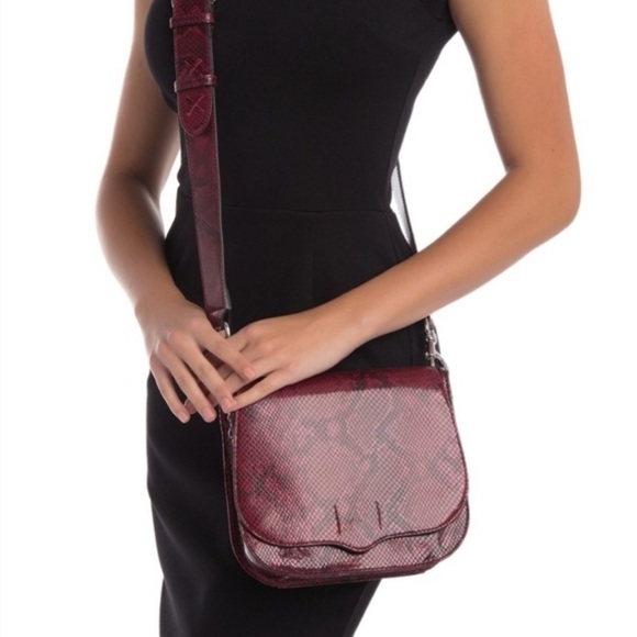 Rebecca Minkoff Sunday Large Saddle Crossbody Bag Red Black Snakeskin Leather - Picture 1 of 14